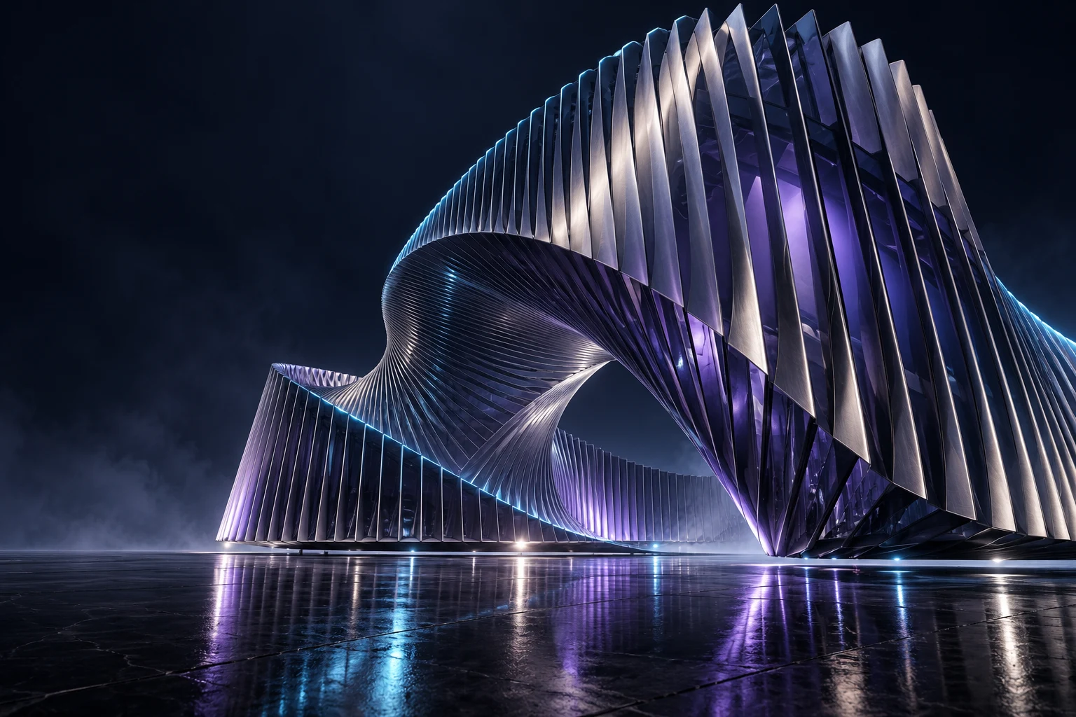 Escultura arquitectónica de láminas metálicas con reflejos violeta y celeste